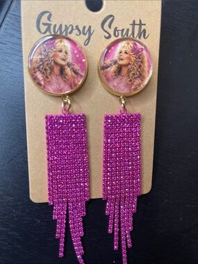 Dolly Pink Rhinestone Fringe Drop Earrings Gypsy South